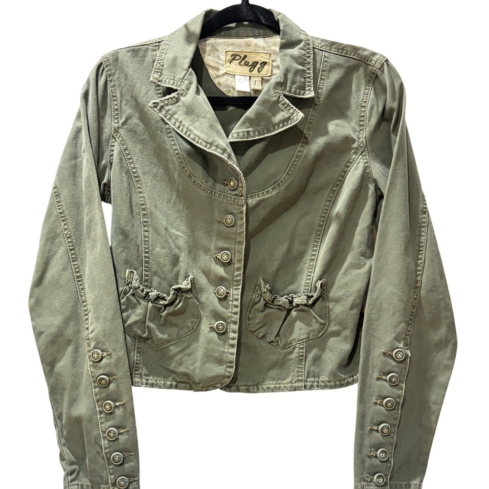 Plugg Olive Green Utility Jacket Cropped Button Ruffles Pockets Large Y2K AS IS